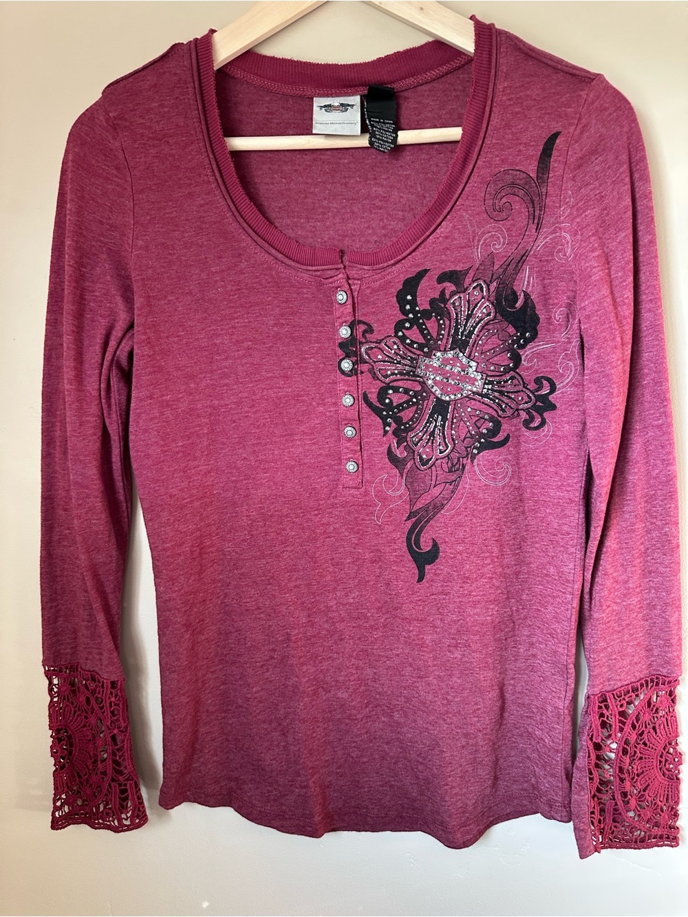 Harley-Davidson Long Sleeve Top with Blinged Out Graphic & Crocheted Sleeves